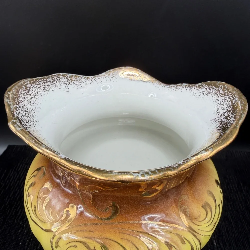 Vintage Verona VPCO Porcelain Vase Yellow Brown‎ Ombre Gold Gilt Filigree Vessel